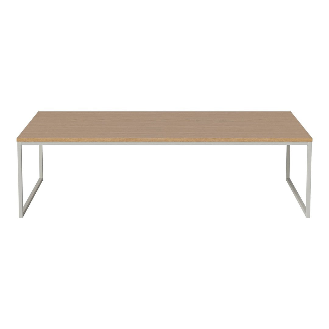 Light wood tabletop with a smooth finish, complemented by sleek silver metal legs. Minimalist and modern design.