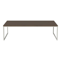 Brown wooden table top with sleek silver metal legs, featuring a minimalist design and clean lines.