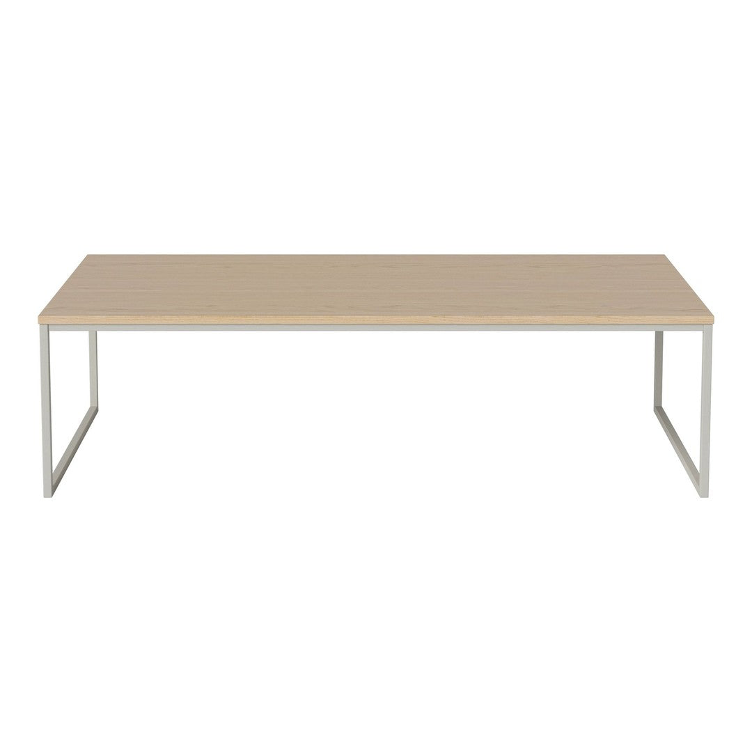 Light wood tabletop with a smooth finish, paired with a sleek white metal frame. Ideal for modern decor.