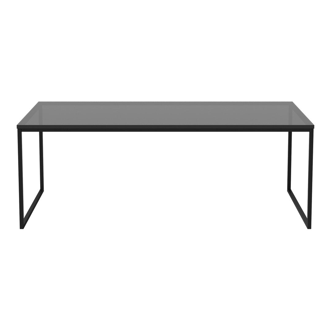 Sleek black metal frame and smooth gray glass top dining table, perfect for modern decor.