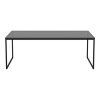Sleek black metal frame and smooth gray glass top dining table, perfect for modern decor.
