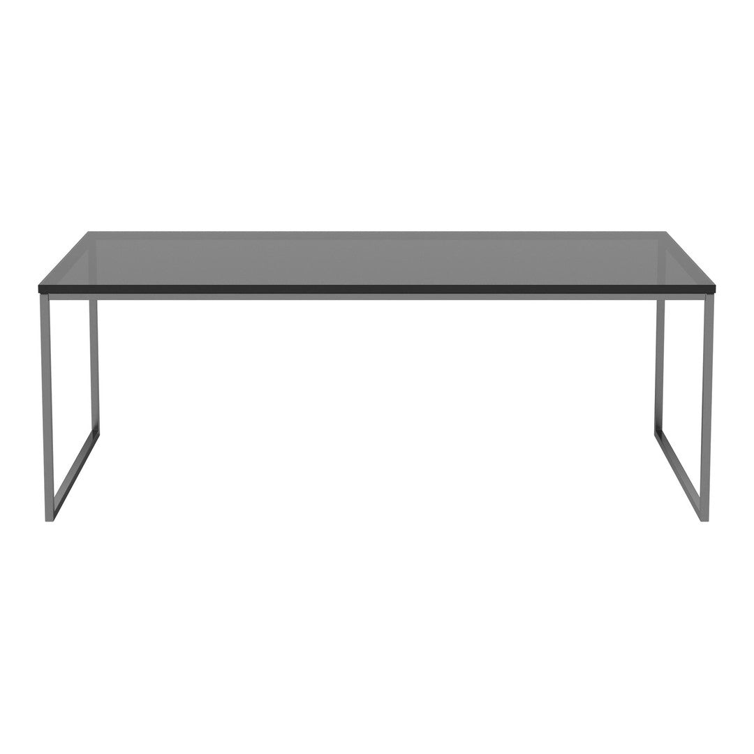 "Modern gray glass table with sleek, minimalist metal frame."