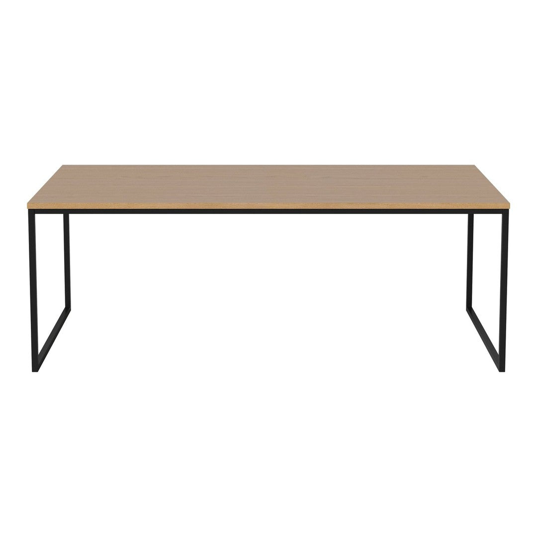 Brown tabletop with a smooth finish and black metal legs, featuring a modern, minimalist design.