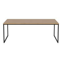 Brown tabletop with a smooth finish and black metal legs, featuring a modern, minimalist design.