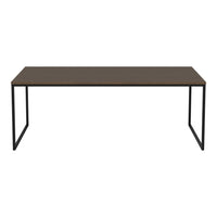 Brown wood tabletop with sleek black metal legs, featuring a minimalist design ideal for modern spaces.