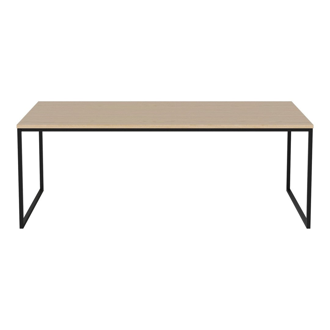 Beige tabletop with a sleek black metal frame, minimalistic design perfect for modern decor.