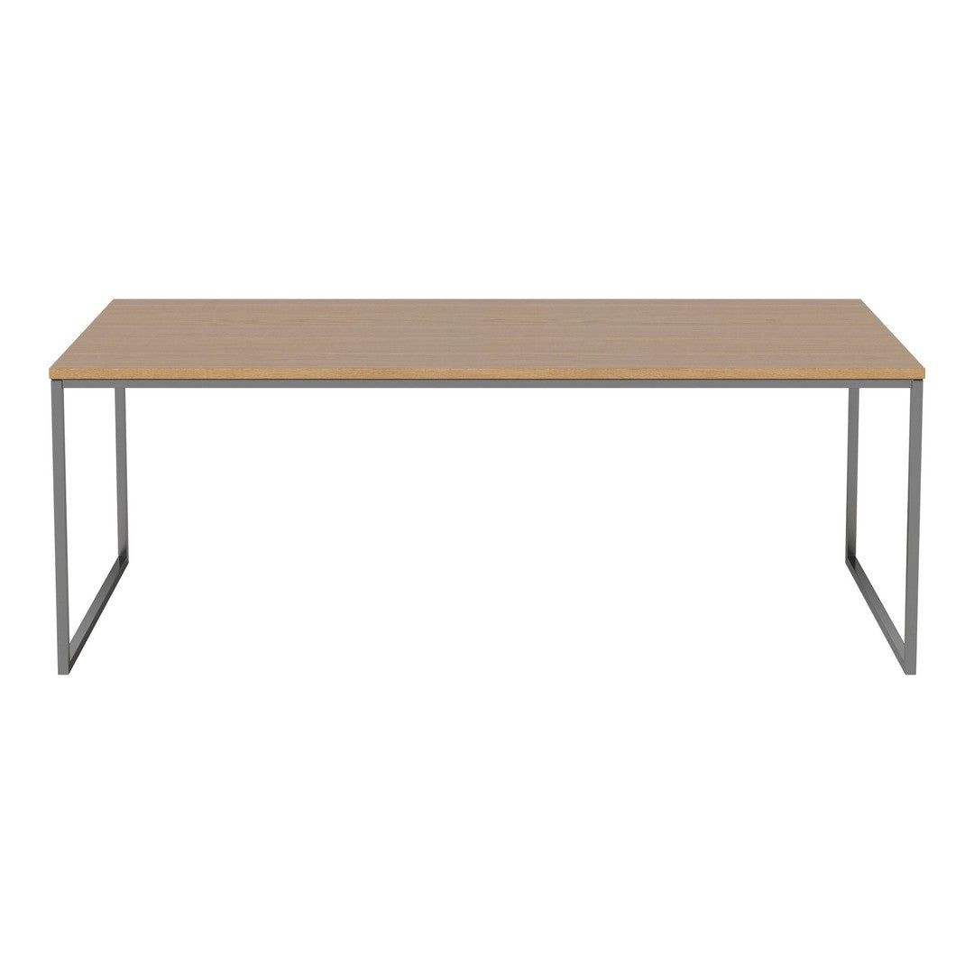 Light wood tabletop with a smooth finish, supported by sleek metal legs in a modern silver hue.