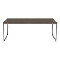 Brown rectangular table with a sleek silver frame, featuring a smooth, minimalist design.