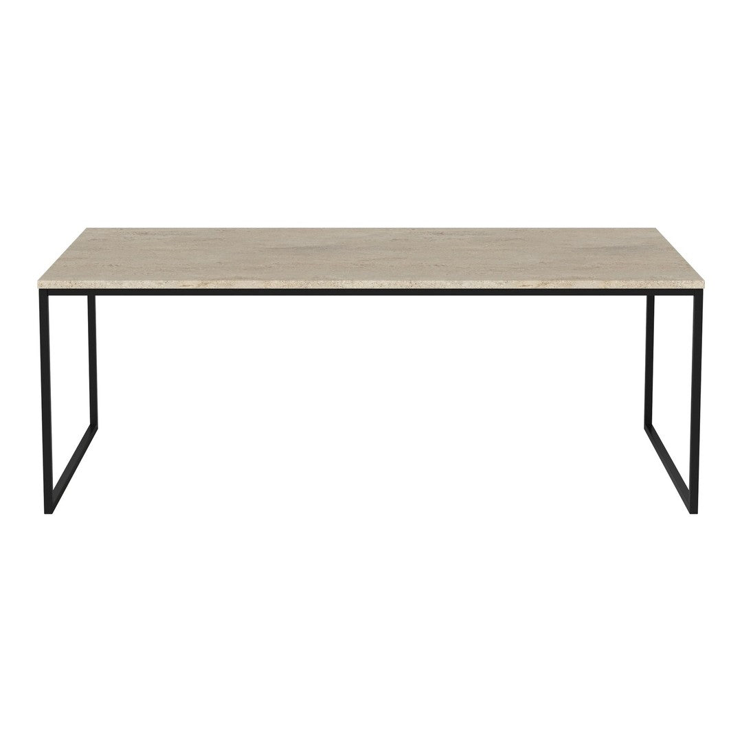 Light wood finish table with a natural grain pattern, complemented by a sleek black metal frame. Perfect for modern decor.