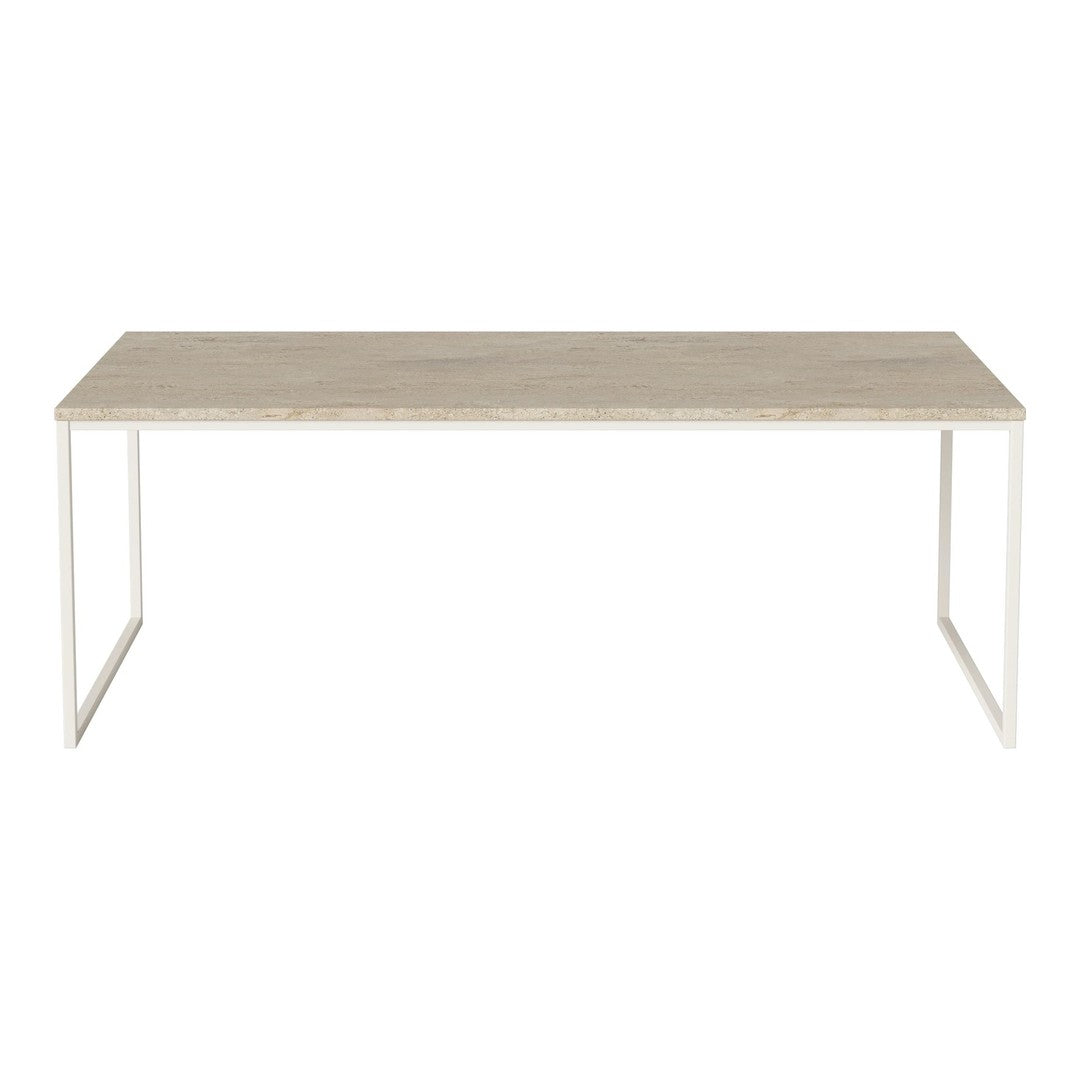 Light beige tabletop with subtle wood grain pattern on a minimalist white metal frame. Modern design for any space.