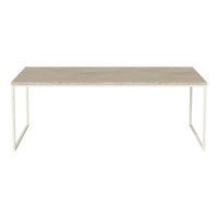 Light beige tabletop with subtle wood grain pattern on a minimalist white metal frame. Modern design for any space.