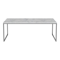Marble-patterned tabletop in white with gray veining, complemented by a sleek silver metal frame.