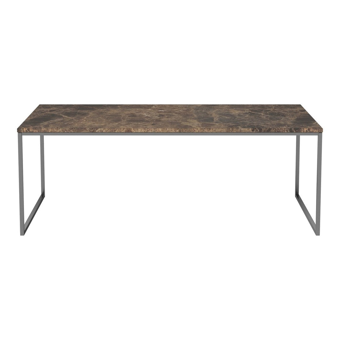 Elegant brown and gray marbled tabletop with a sleek metal frame, perfect for modern decor.