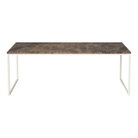 "Rectangular table with a dark wood-patterned top and white metal legs, creating a modern aesthetic."