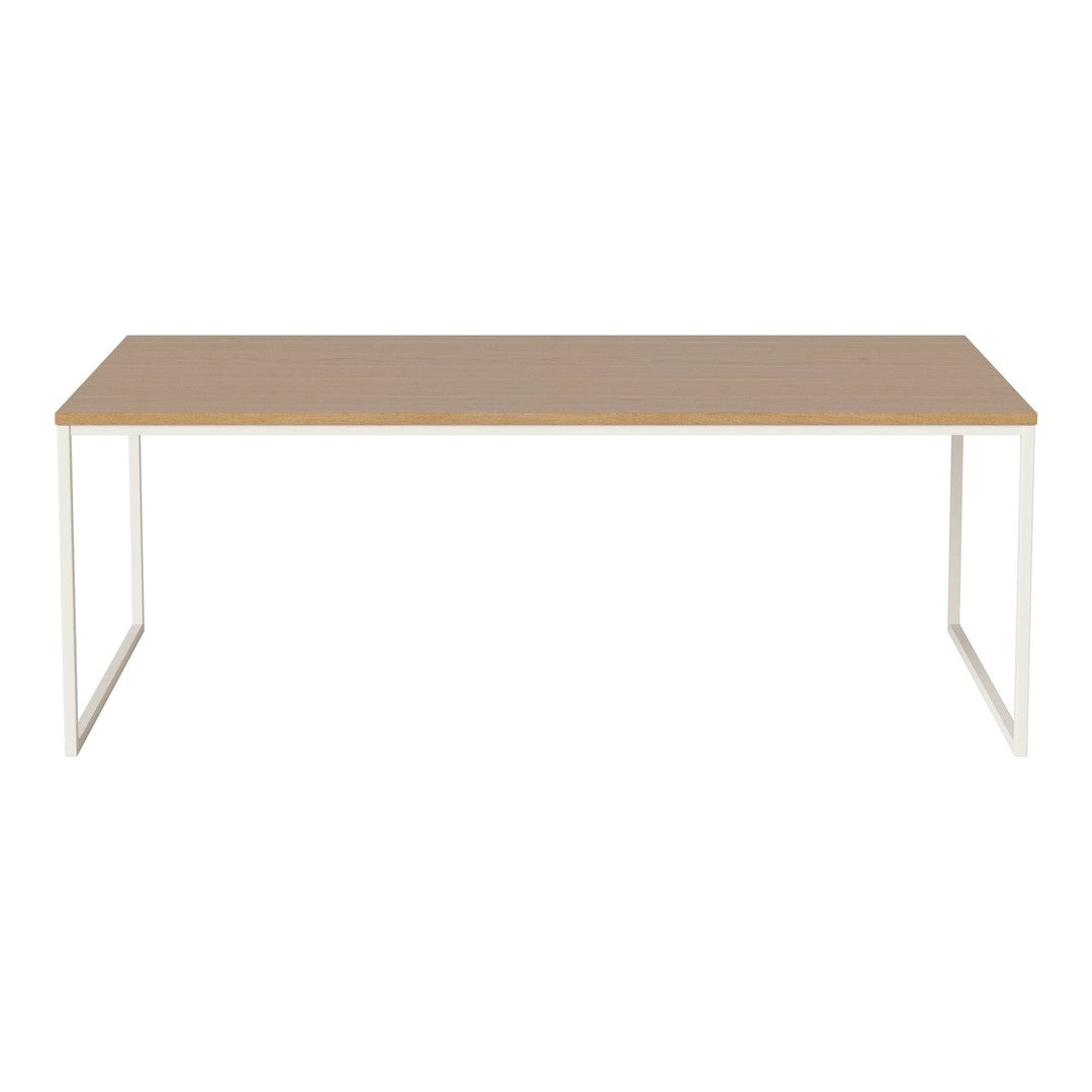 Light wood tabletop with a smooth surface, paired with sleek white metal legs for a modern, minimalist look.