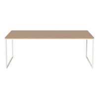 Light wood tabletop with a smooth surface, paired with sleek white metal legs for a modern, minimalist look.
