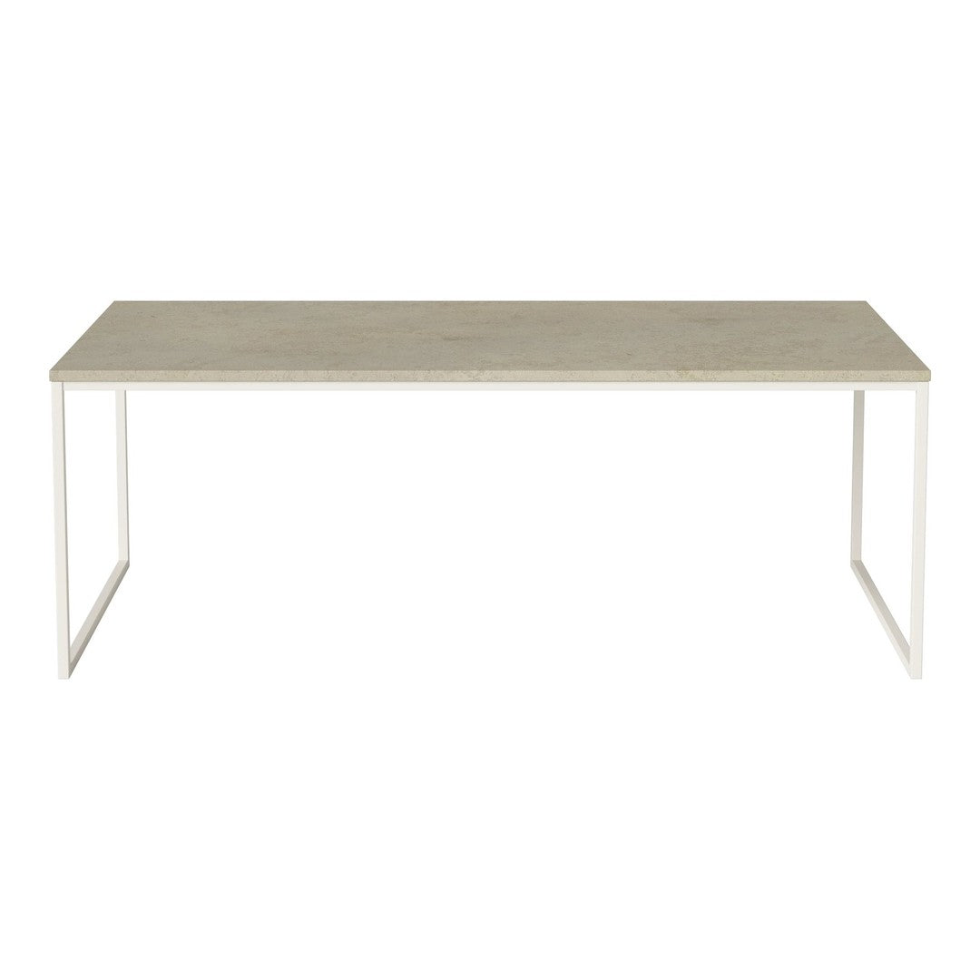 Light gray tabletop with a smooth surface and minimalist white metal legs, perfect for modern decor.
