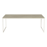 Light gray tabletop with a smooth surface and minimalist white metal legs, perfect for modern decor.