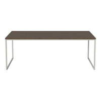 Brown tabletop with a smooth finish, paired with sleek silver legs in a minimalist design. Perfect for modern decor.