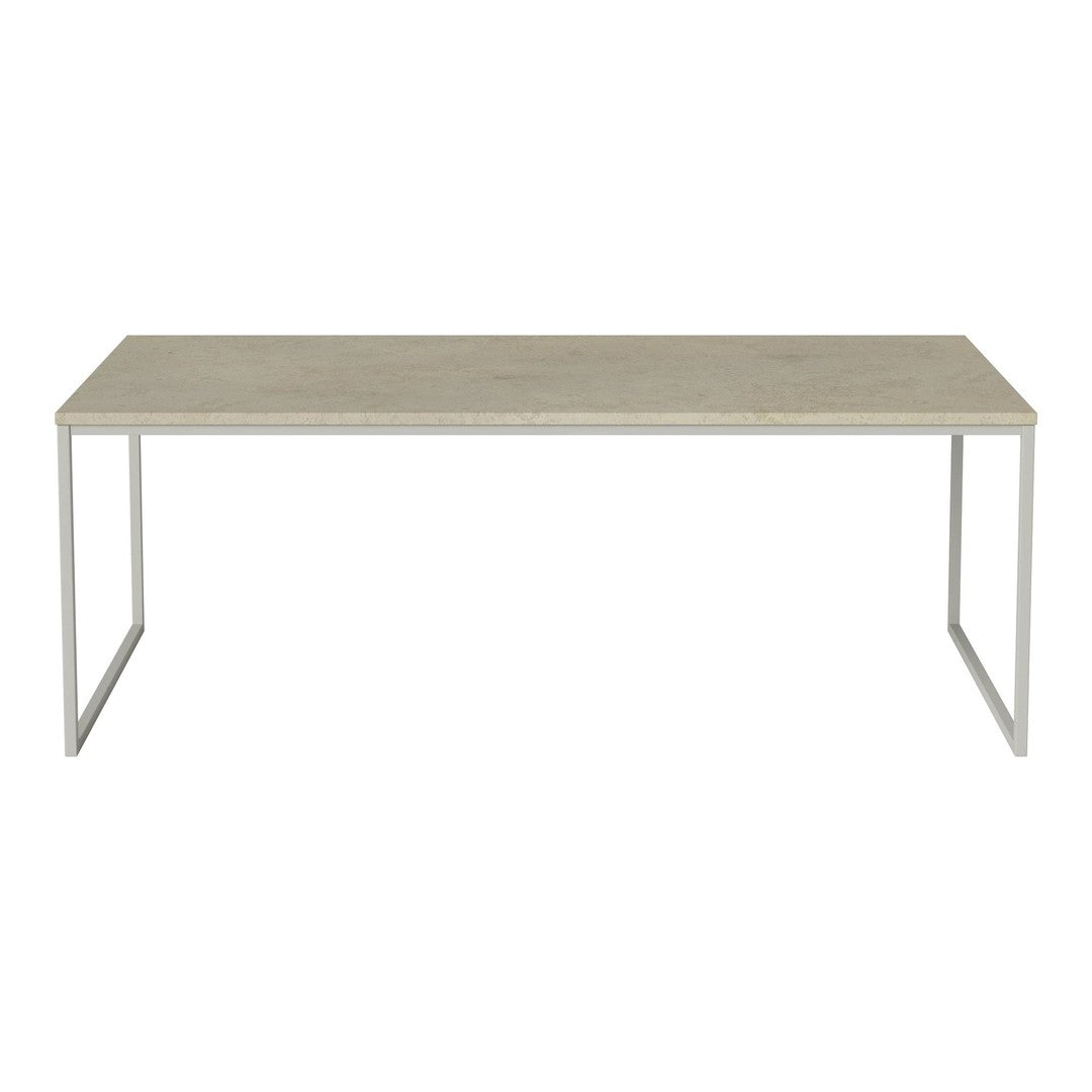 Light gray tabletop with a smooth finish and minimalist white metal legs, perfect for modern decor.