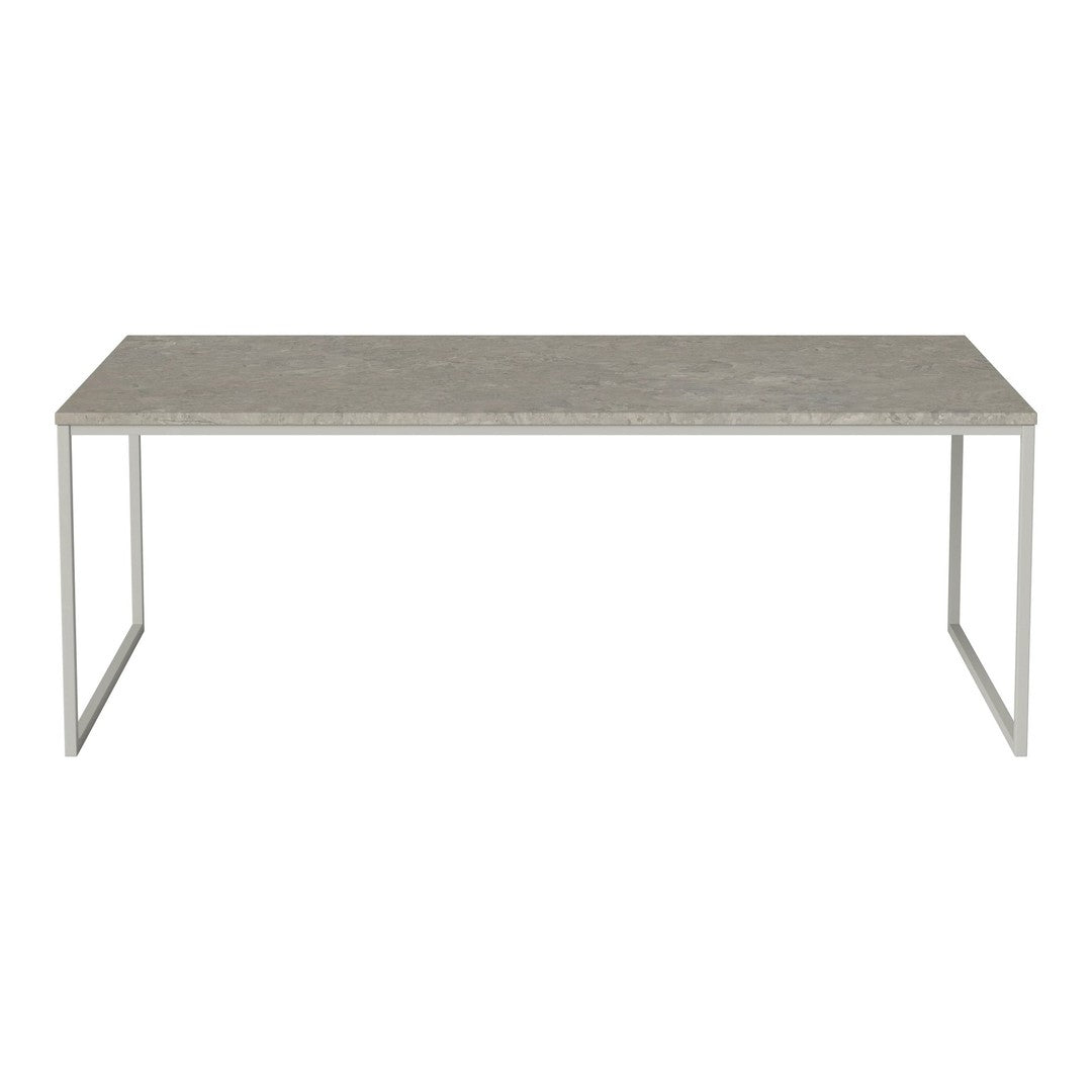 Gray marble table top with a smooth finish, complemented by sleek white metal legs for a modern look.