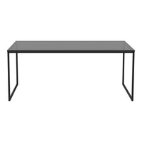 Modern black metal desk with a sleek gray glass top, featuring a minimalist design.