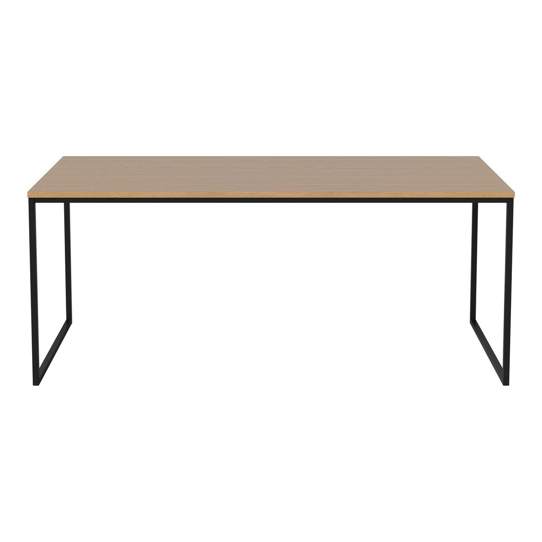Modern rectangular table with a smooth light brown top and sleek black metal legs. Simple and stylish design.