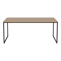 Modern rectangular table with a smooth light brown top and sleek black metal legs. Simple and stylish design.