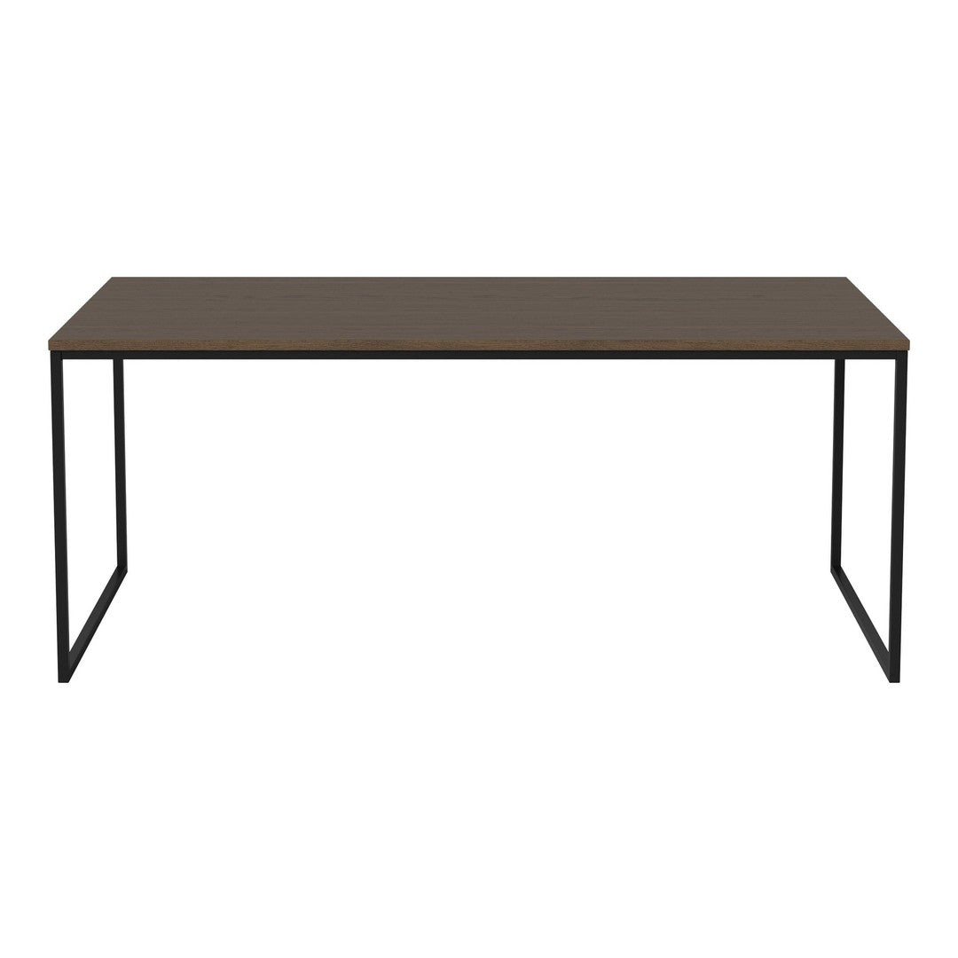Brown tabletop with a sleek black metal frame, featuring a minimalist design and smooth finish. Ideal for modern spaces.