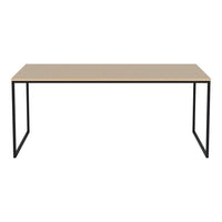 Beige tabletop with a smooth finish, featuring a minimalist black metal frame for a modern aesthetic.