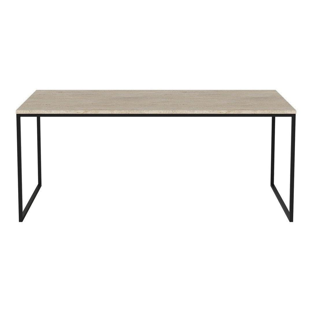 Minimalist rectangular table with a light beige wood top and sleek black metal legs. Perfect for modern decor.