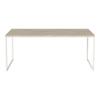 Light wood tabletop with a natural grain pattern, paired with sleek white metal legs for a modern look.