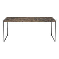 Rustic brown tabletop with a natural wood pattern and sleek metallic gray legs for a modern contrast.