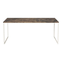 Textured brown tabletop with subtle gray and white veins, paired with sleek white metal legs. Modern, minimalist design.