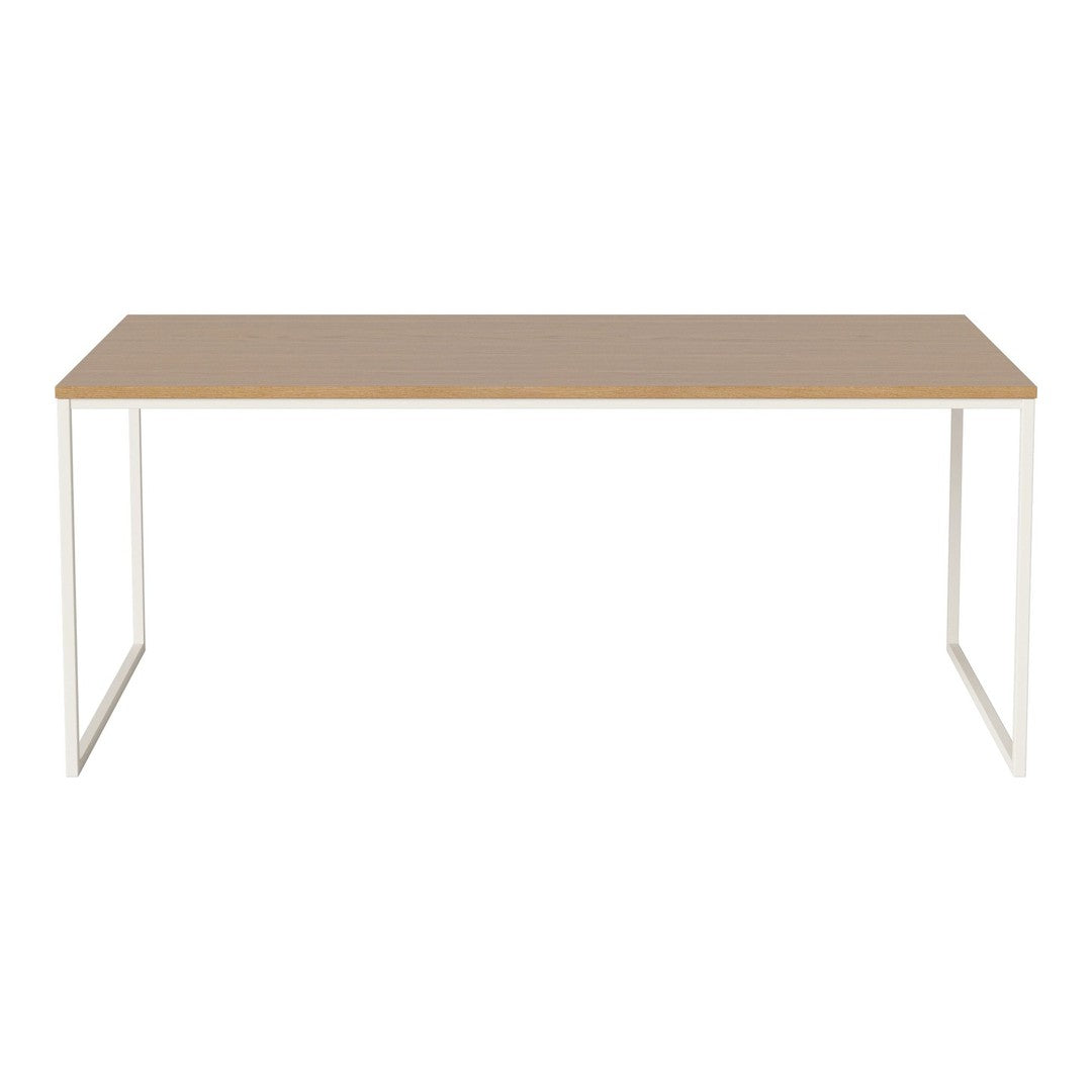 Modern rectangular table with a light wood top and white metal legs, featuring a sleek, minimalist design.