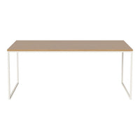 Modern rectangular table with a light wood top and white metal legs, featuring a sleek, minimalist design.