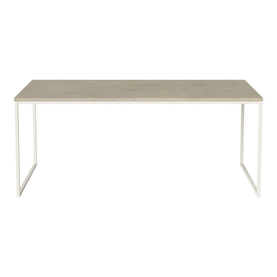 Elegant rectangular table with a light gray surface and sleek white metal legs, perfect for modern decor.