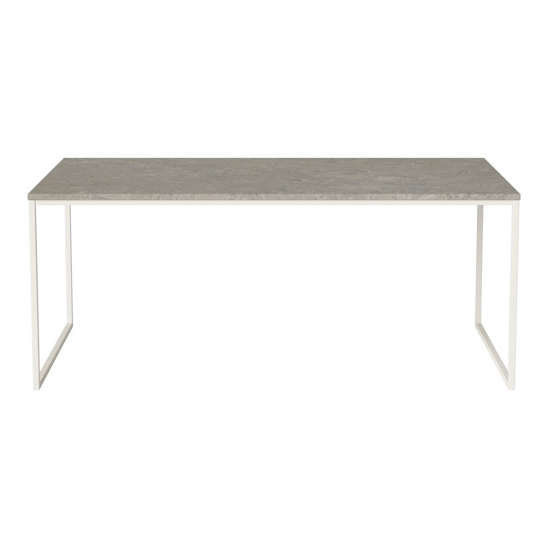 Gray textured tabletop with light gray metal legs, showcasing a minimalist design and modern aesthetic.