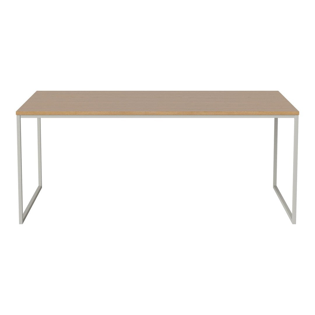 Light wood tabletop with sleek silver metal legs, minimalist design, no patterns or textures. Perfect for modern decor.