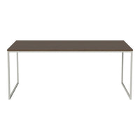 Brown rectangular tabletop with a smooth finish, supported by sleek silver metal legs. Modern minimalist design.