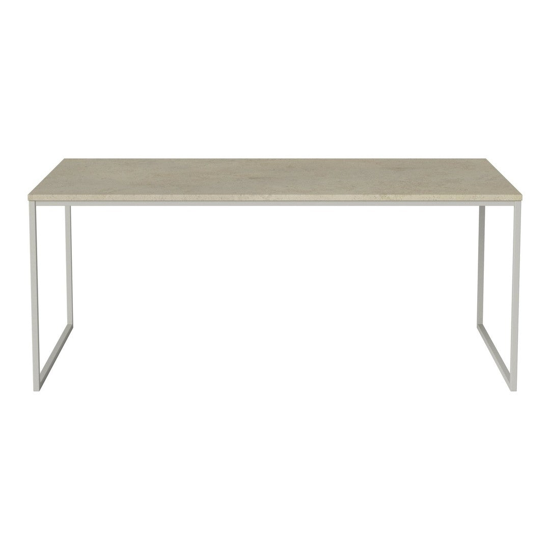 Rectangular table with a light gray top and sleek white metal legs, showcasing a minimalist design and subtle texture.