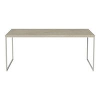 Rectangular table with a light gray top and sleek white metal legs, showcasing a minimalist design and subtle texture.