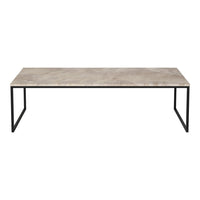 Gray marble top coffee table with a sleek black metal frame, featuring a minimalistic design and smooth finish.