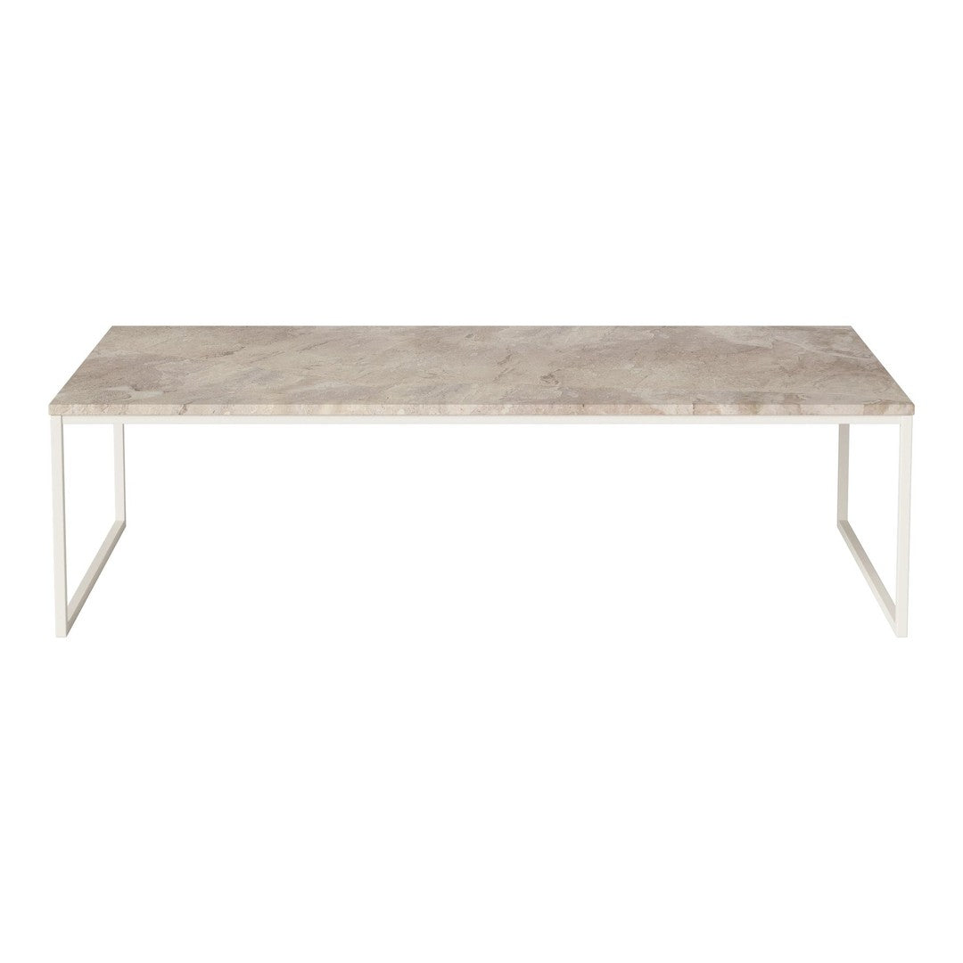 Light gray tabletop with subtle marble-like pattern, paired with a minimalist white metal frame. Stylish and modern design.