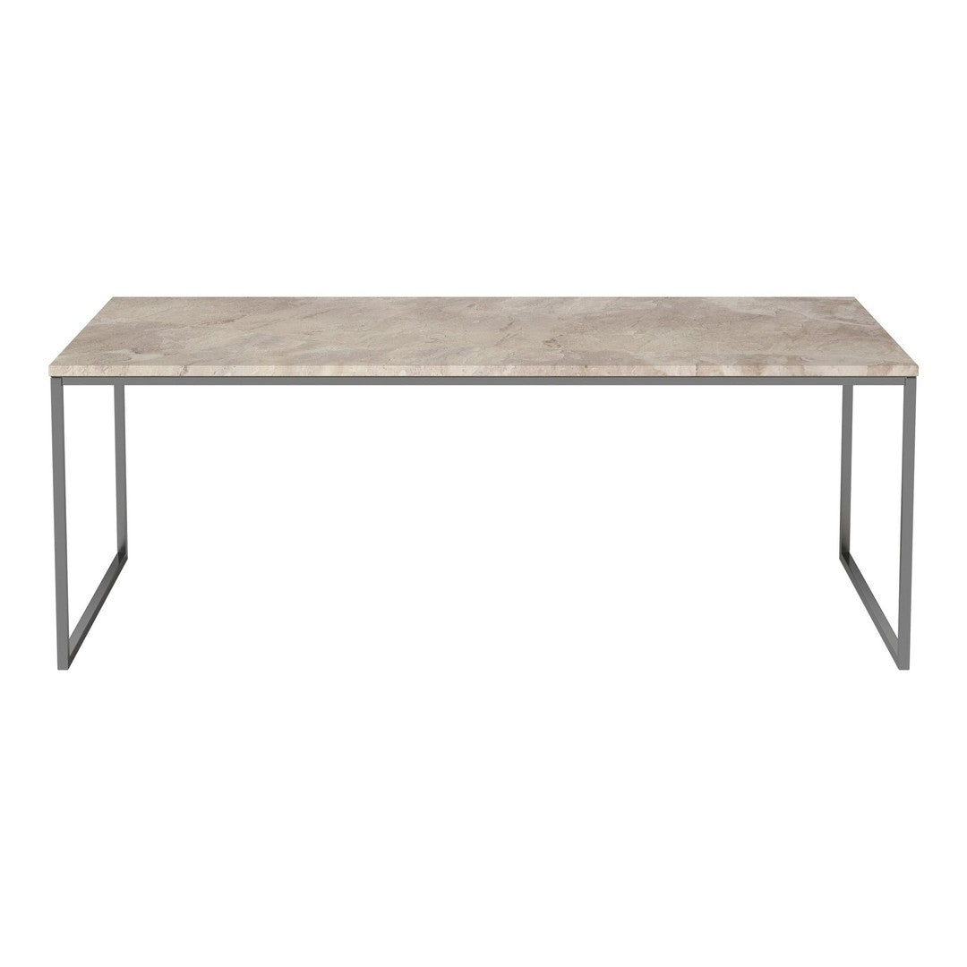 Modern gray stone tabletop with a sleek metal frame, showcasing a minimalist design and neutral tones.