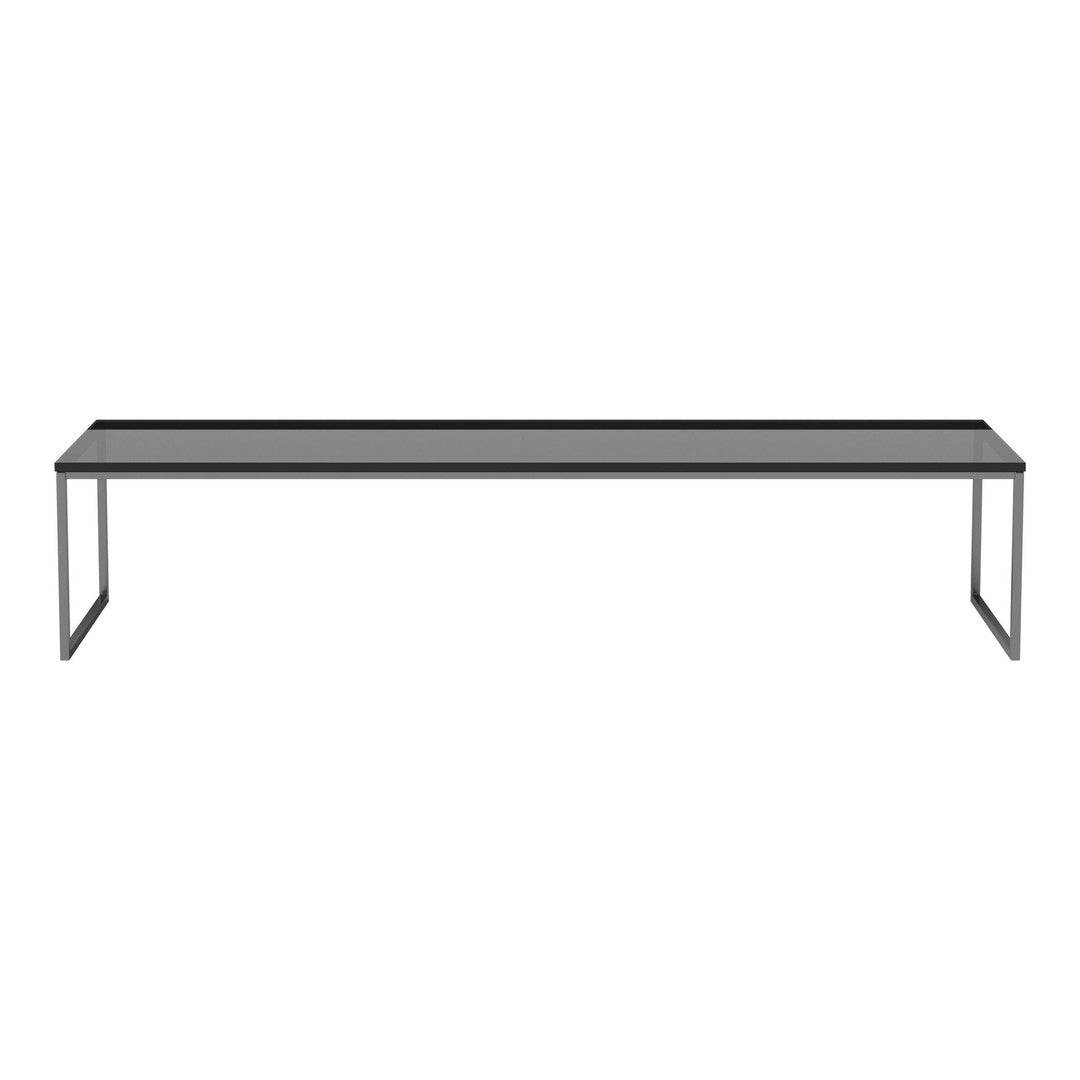 Sleek black rectangular tabletop with a minimalist metal frame, ideal for modern decor. Simple and stylish design.