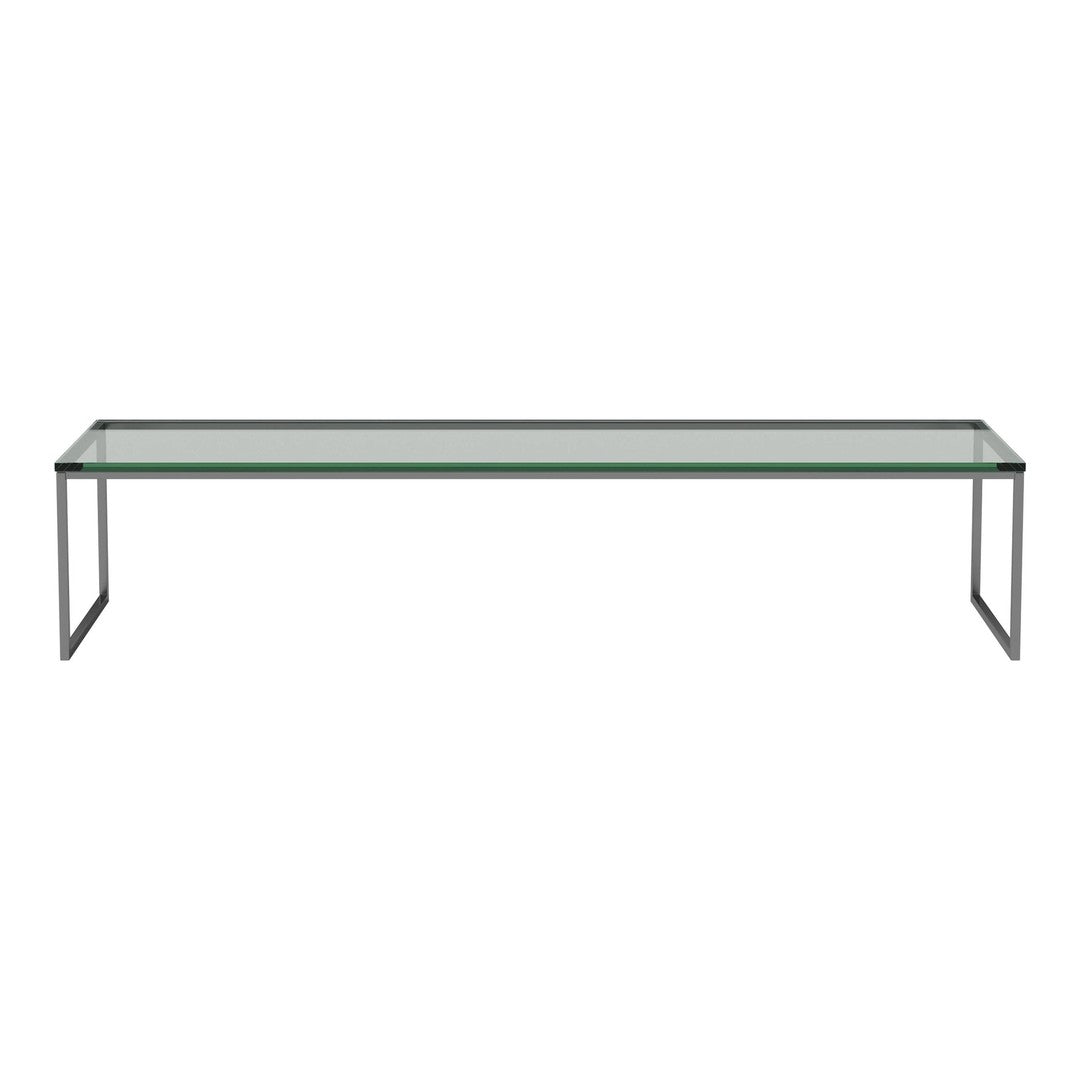 Sleek glass tabletop with a minimalist chrome frame, featuring a modern, transparent design. Perfect for contemporary spaces.