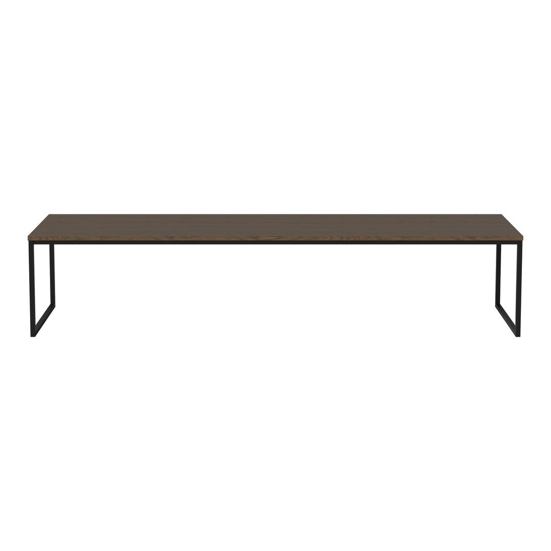 Modern rectangular coffee table featuring a sleek dark wood top and minimalist black metal legs.