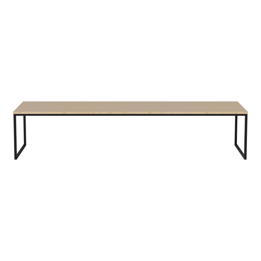 Modern light wood rectangular tabletop on black metal legs, featuring a sleek, minimalist design. Perfect for any space.