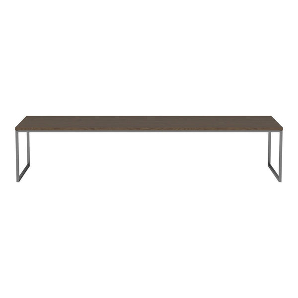 Long brown tabletop with a smooth finish and sleek silver metal legs. Modern, minimalist design for versatile use.